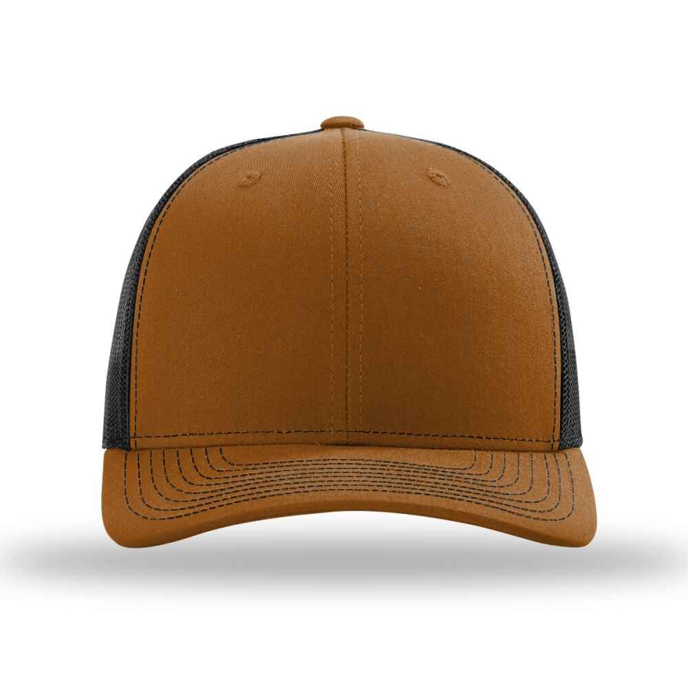 Custom-Caramel-black-color-112-style-blank-trucker-hat-front-view