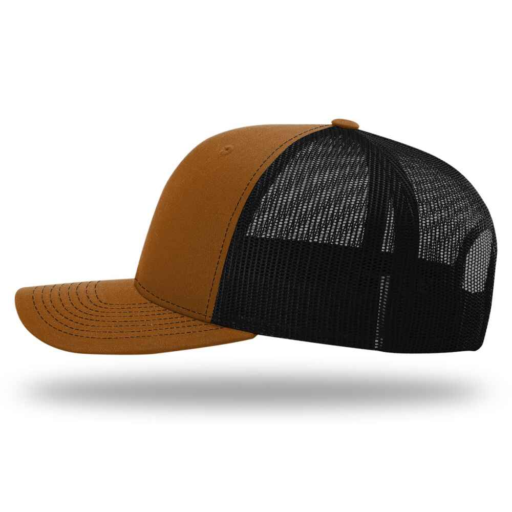 Custom-Caramel-black-color-112-style-blank-trucker-hat-left-view