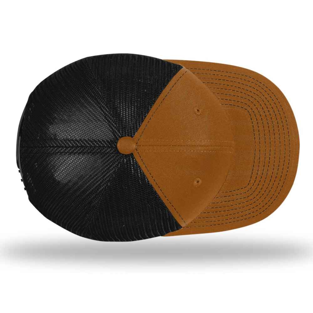 Custom-Caramel-black-color-112-style-blank-trucker-hat-top-view