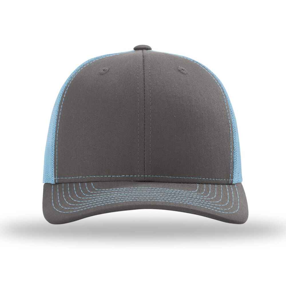 Custom-Charcoal-Columbia-blue-color-112-style-blank-trucker-hat-front-view