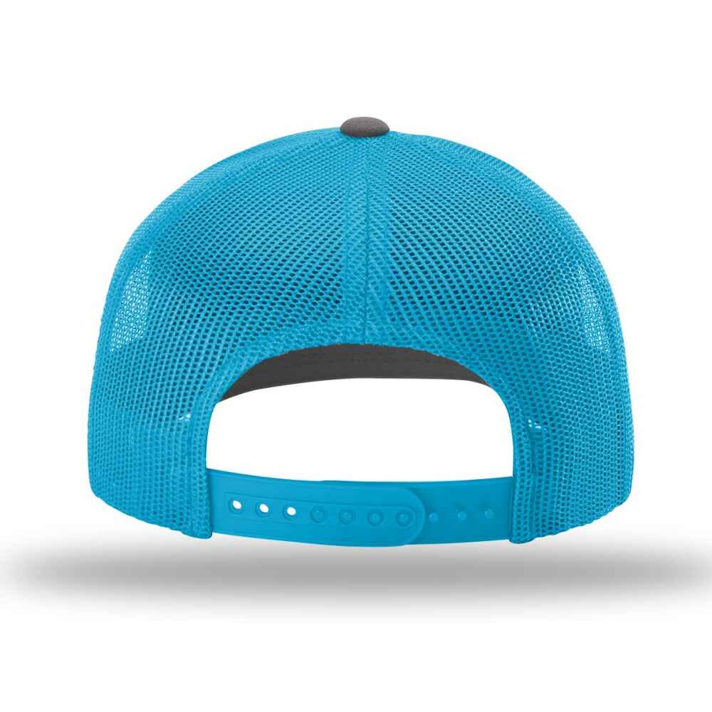 Custom-Charcoal-Neon-Blue-color-112-style-blank-trucker-hat-back-view