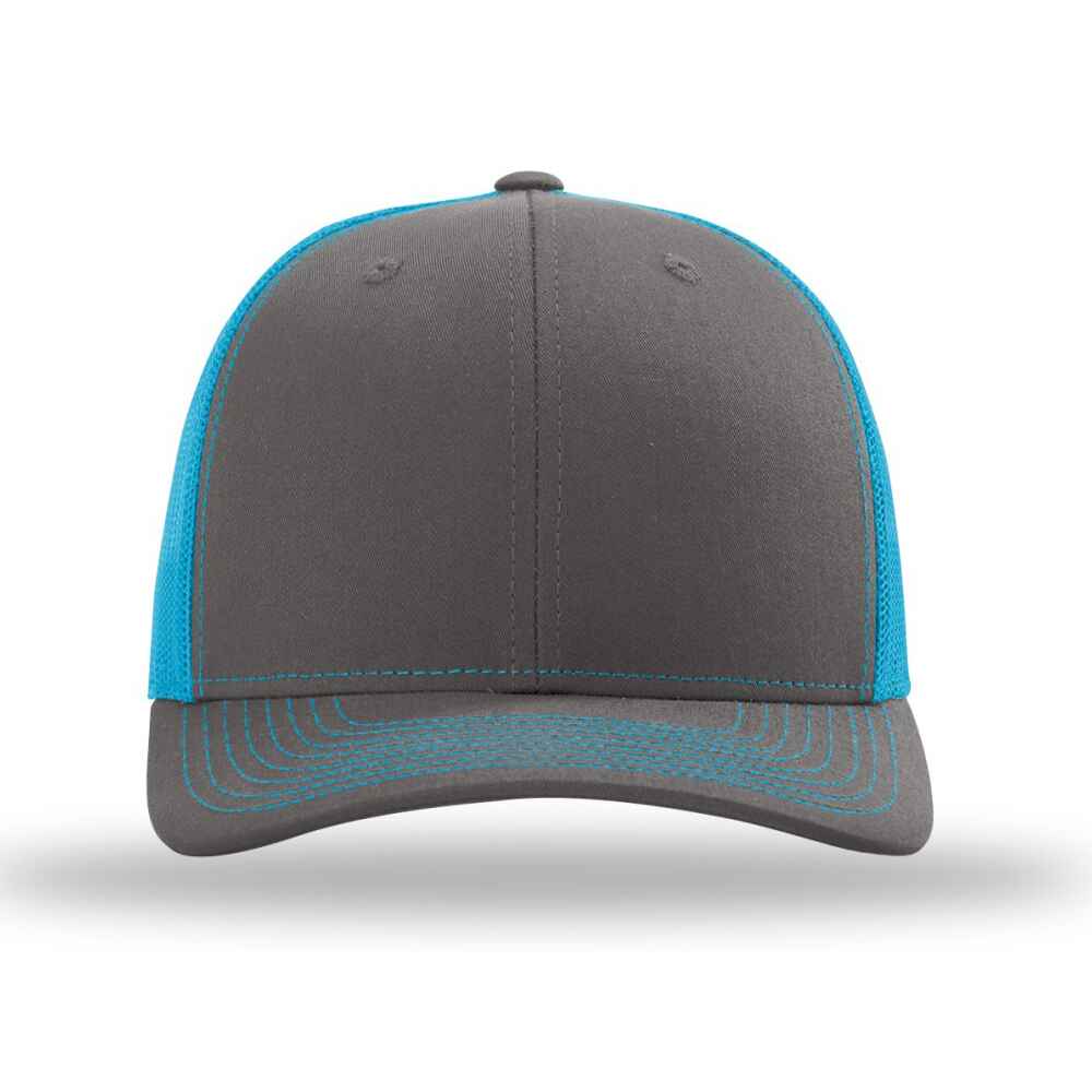 Custom-Charcoal-Neon-Blue-color-112-style-blank-trucker-hat-front-view