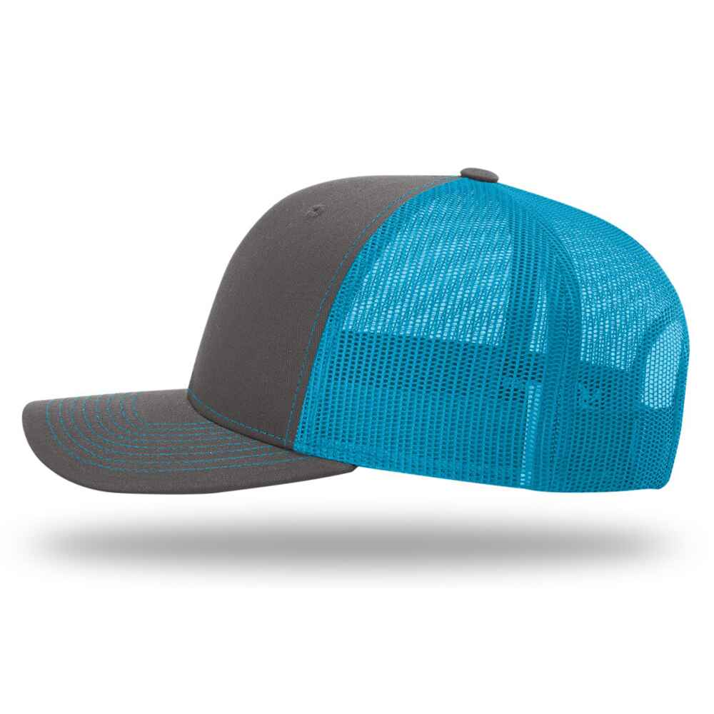 Custom-Charcoal-Neon-Blue-color-112-style-blank-trucker-hat-left-view