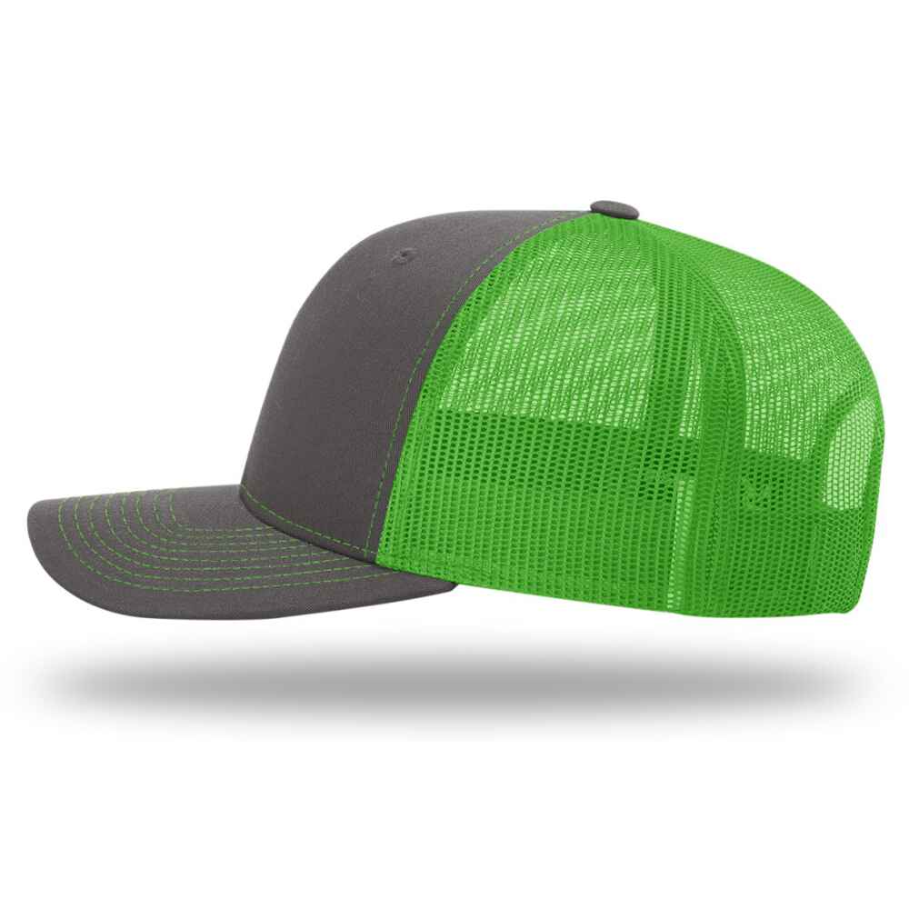 Custom-Charcoal-Neon-Green-color-112-style-blank-trucker-hat-left-view