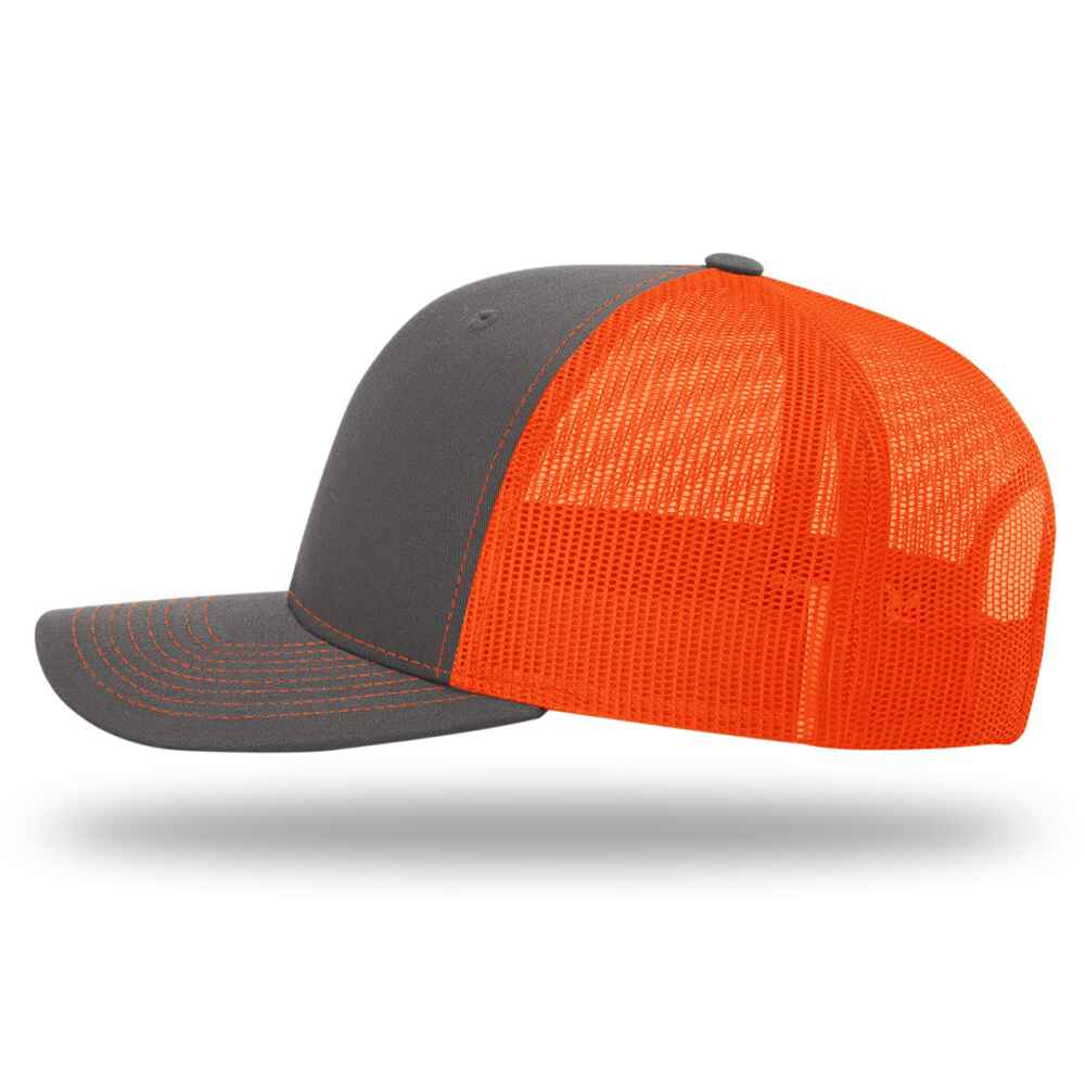 Custom-Charcoal-Neon-Orange-color-112-style-blank-trucker-hat-left-view