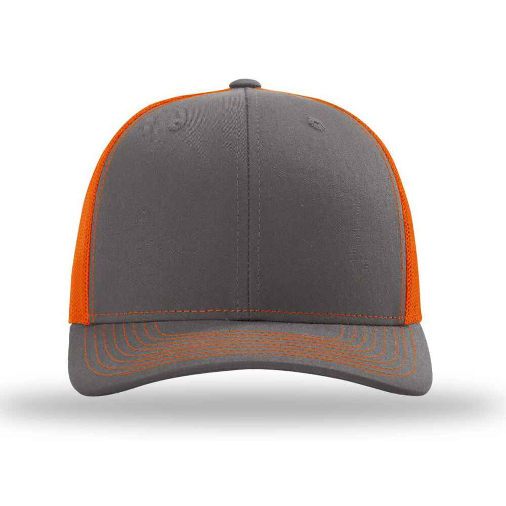 Custom-Charcoal-Orange-color-112-style-blank-trucker-hat-front-view