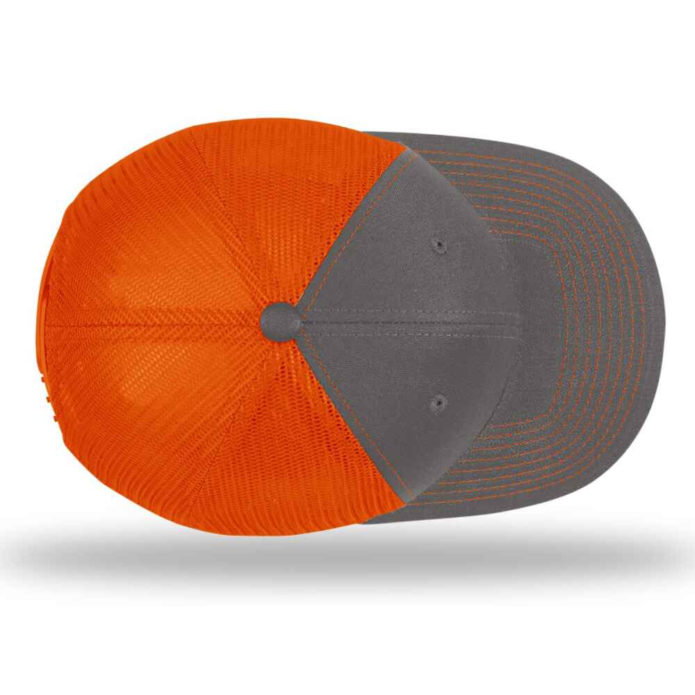 Custom-Charcoal-Orange-color-112-style-blank-trucker-hat-top-view