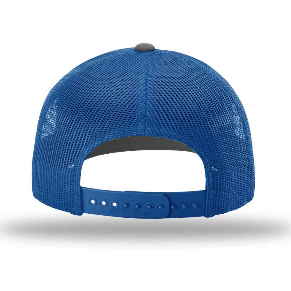 Custom-Charcoal-Royal-color-112-style-blank-trucker-hat-back-view