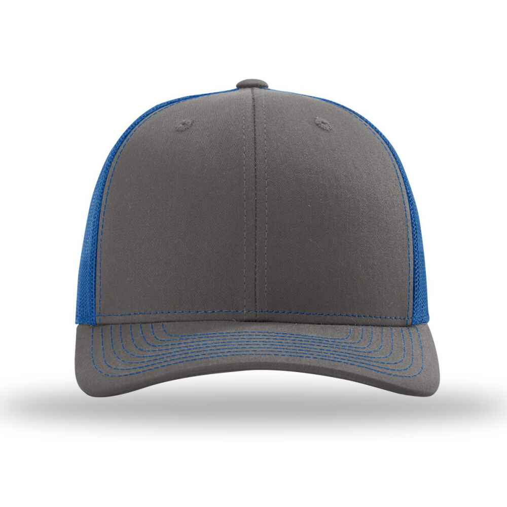 Custom-Charcoal-Royal-color-112-style-blank-trucker-hat-front-view