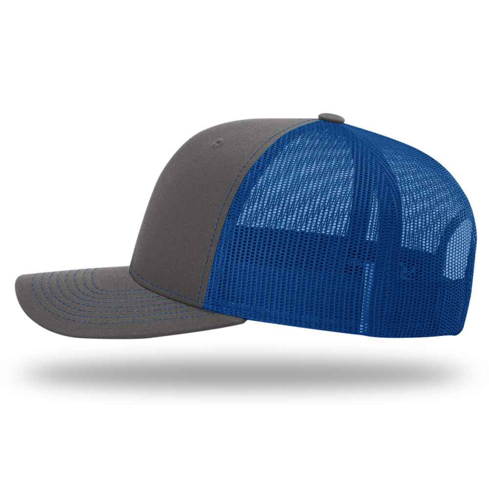 Custom-Charcoal-Royal-color-112-style-blank-trucker-hat-left-view