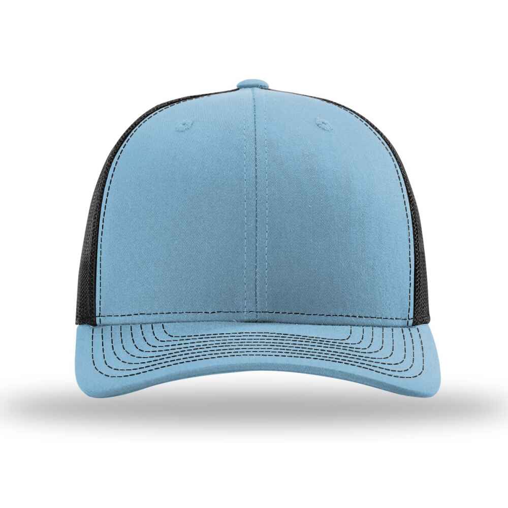 Custom-Columbia-Blue-Black-color-112-style-blank-trucker-hat-front-view