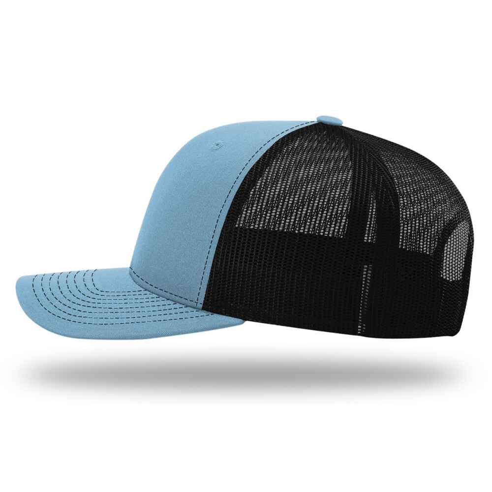 Custom-Columbia-Blue-Black-color-112-style-blank-trucker-hat-left-view