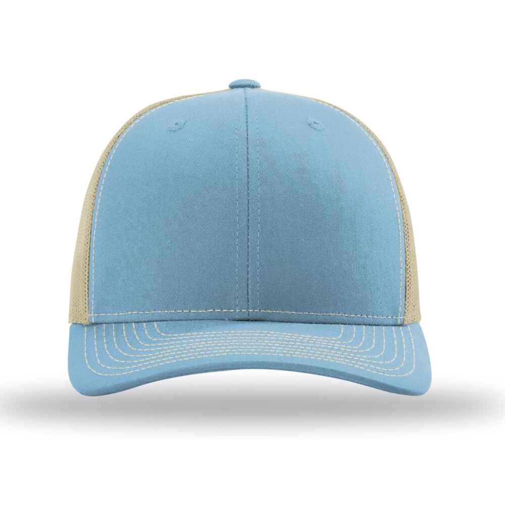 Custom-Columbia-Blue-Khaki-color-112-style-blank-trucker-hat-front-view