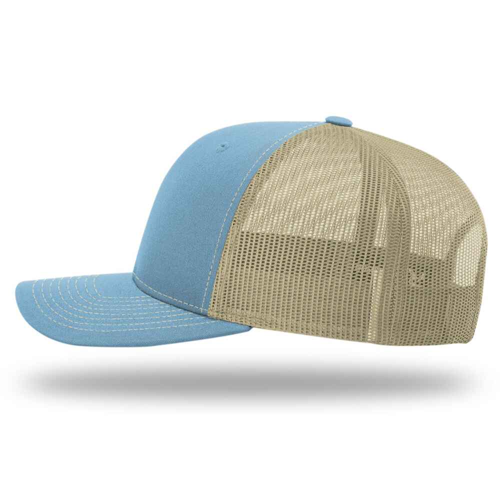 Custom-Columbia-Blue-Khaki-color-112-style-blank-trucker-hat-left-view