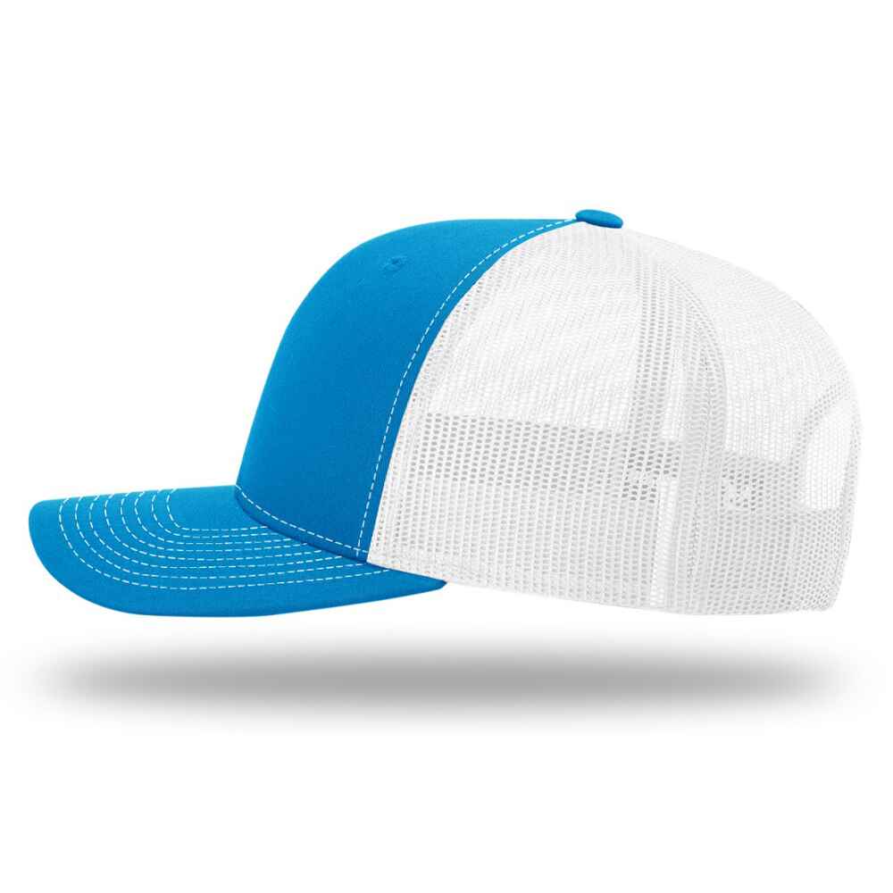 Custom-Cyan-White-color-112-style-blank-trucker-hat-left-view