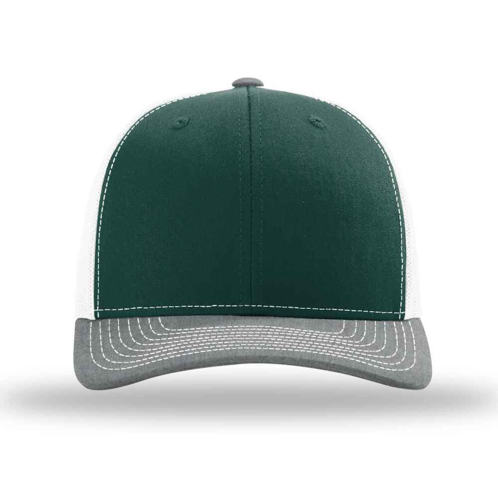 Custom-Dark-Green-White-Heather-Grey-color-112-style-blank-trucker-hat-front-view