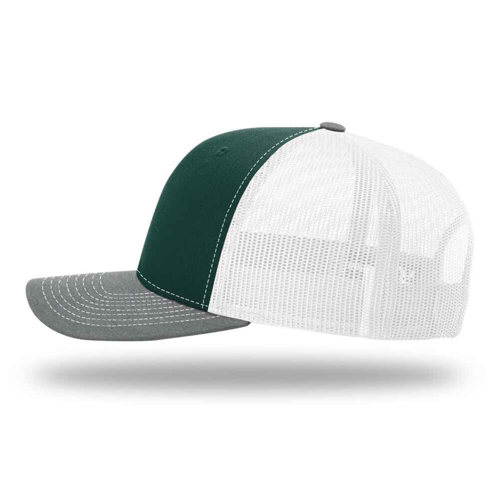 Custom-Dark-Green-White-Heather-Grey-color-112-style-blank-trucker-hat-left-view