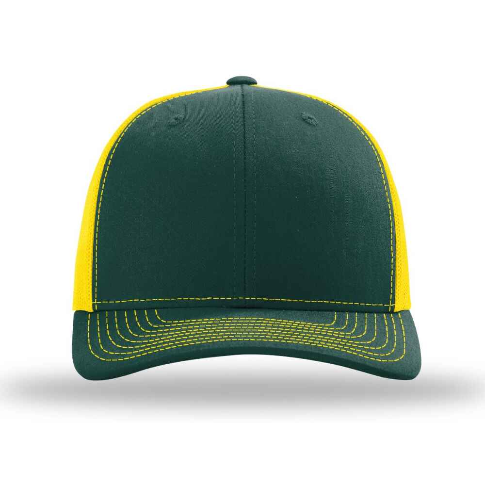 Custom-Dark-Green-Yellow-color-112-style-blank-trucker-hat-Front-view