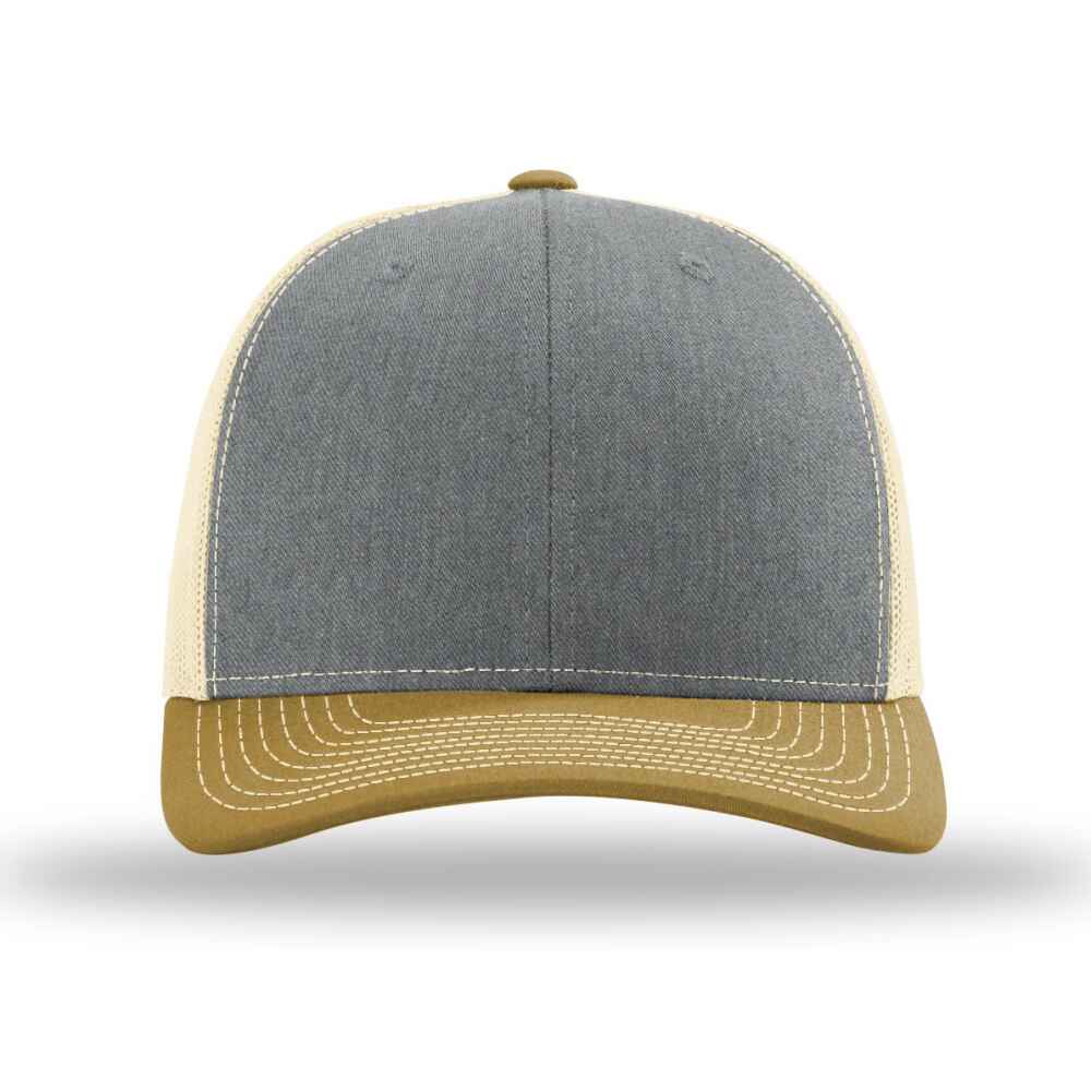 Custom-Heather-Grey-Birch-Amber-gold-color-112-style-blank-trucker-hat-Front-view