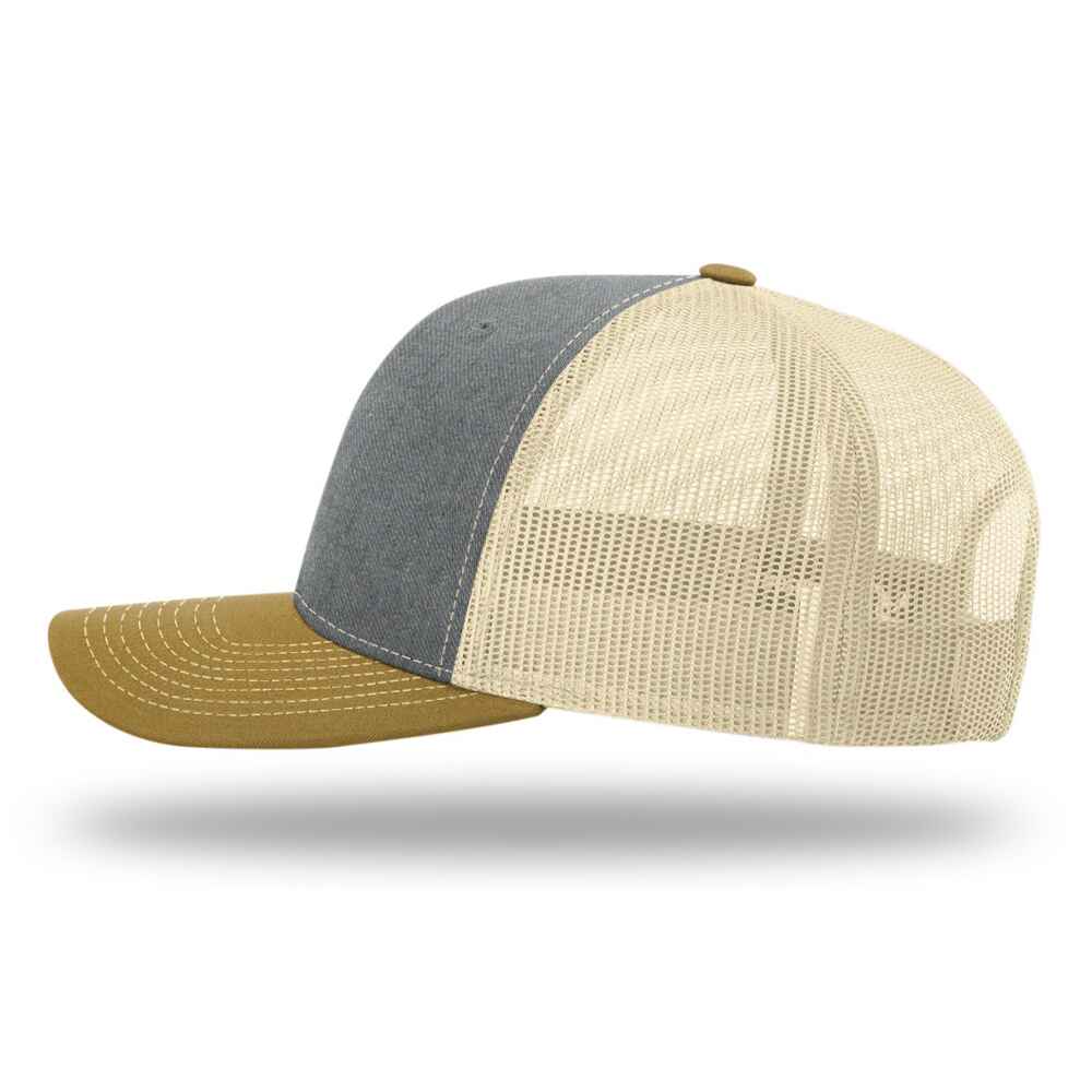 Custom-Heather-Grey-Birch-Amber-gold-color-112-style-blank-trucker-hat-Left-view