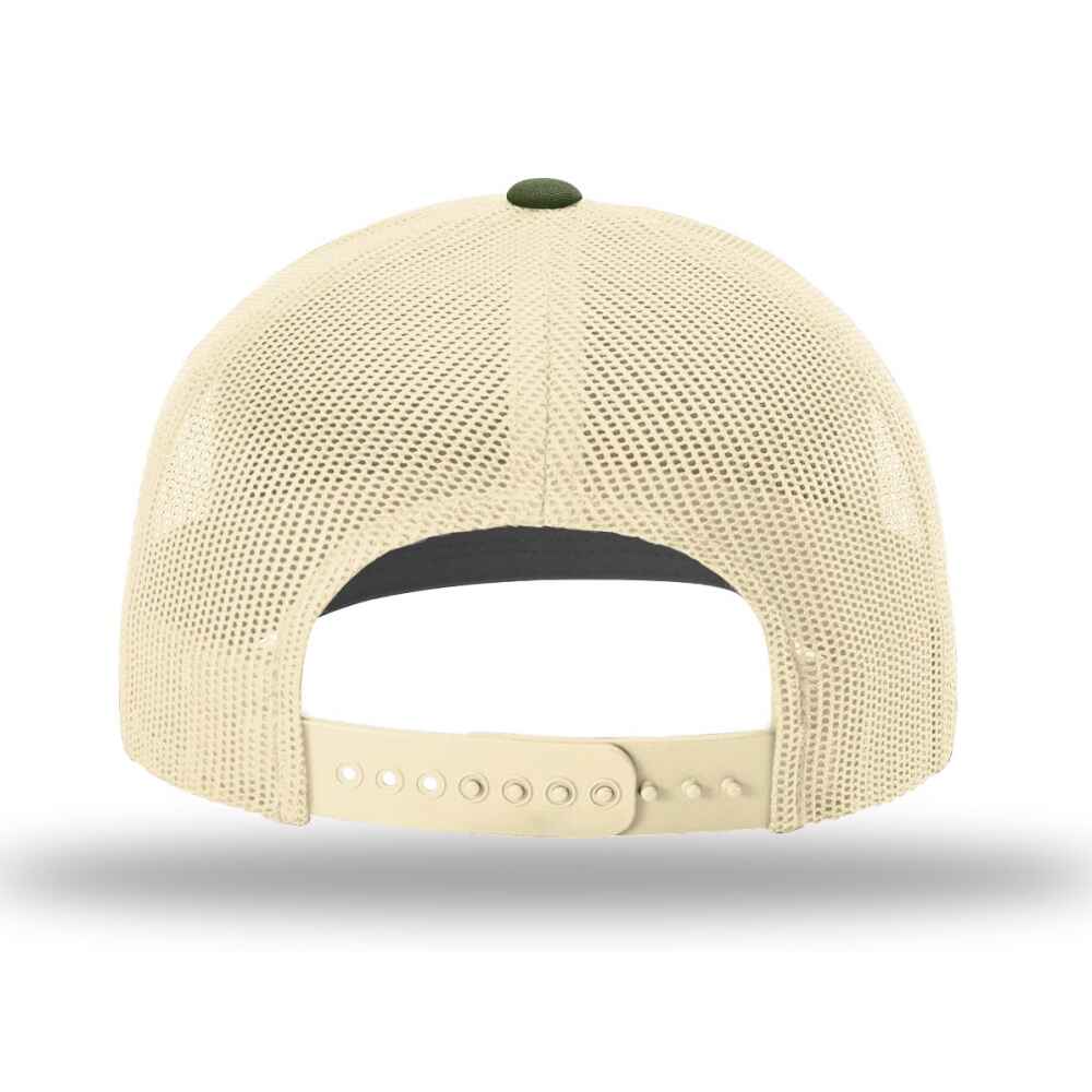 Custom-Heather-Grey-Birch-Army-Olive-color-112-style-blank-trucker-hat-Back-view