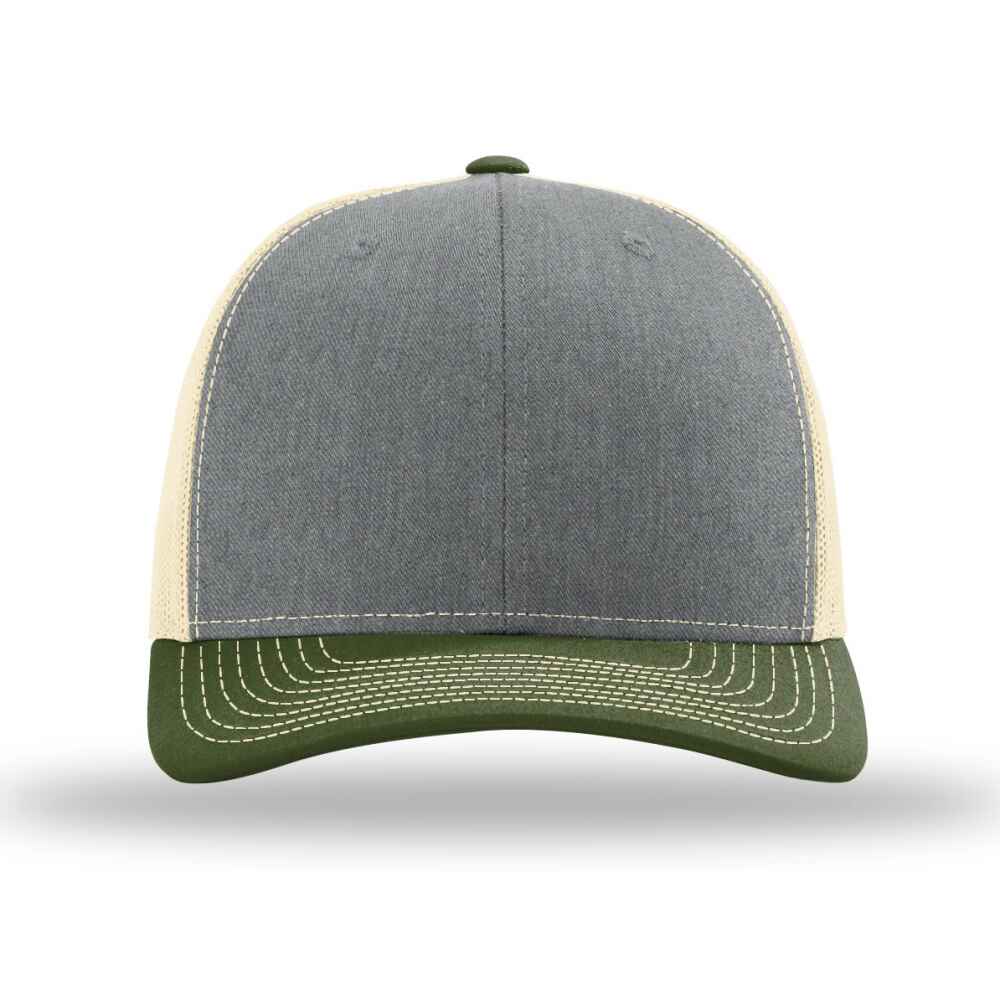 Custom-Heather-Grey-Birch-Army-Olive-color-112-style-blank-trucker-hat-Front-view