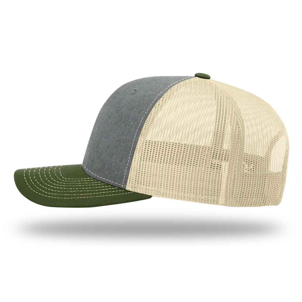 Custom-Heather-Grey-Birch-Army-Olive-color-112-style-blank-trucker-hat-Left-view