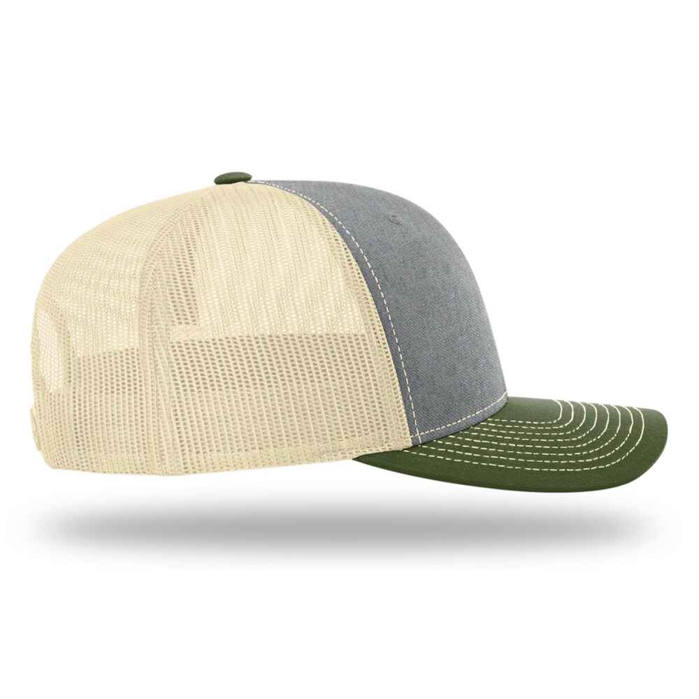 Custom-Heather-Grey-Birch-Army-Olive-color-112-style-blank-trucker-hat-Right-view