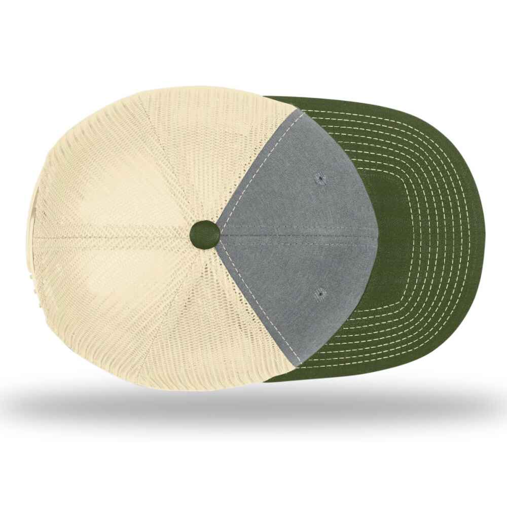 Custom-Heather-Grey-Birch-Army-Olive-color-112-style-blank-trucker-hat-top-view