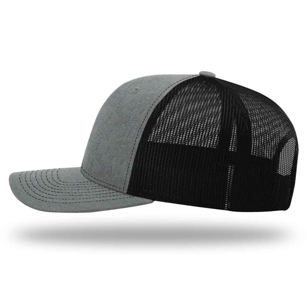 Custom-Heather-Grey-Black-color-112-style-blank-trucker-hat-Left-view