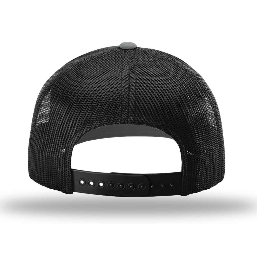 Custom-Heather-Grey-Black-color-112-style-blank-trucker-hat-back-view