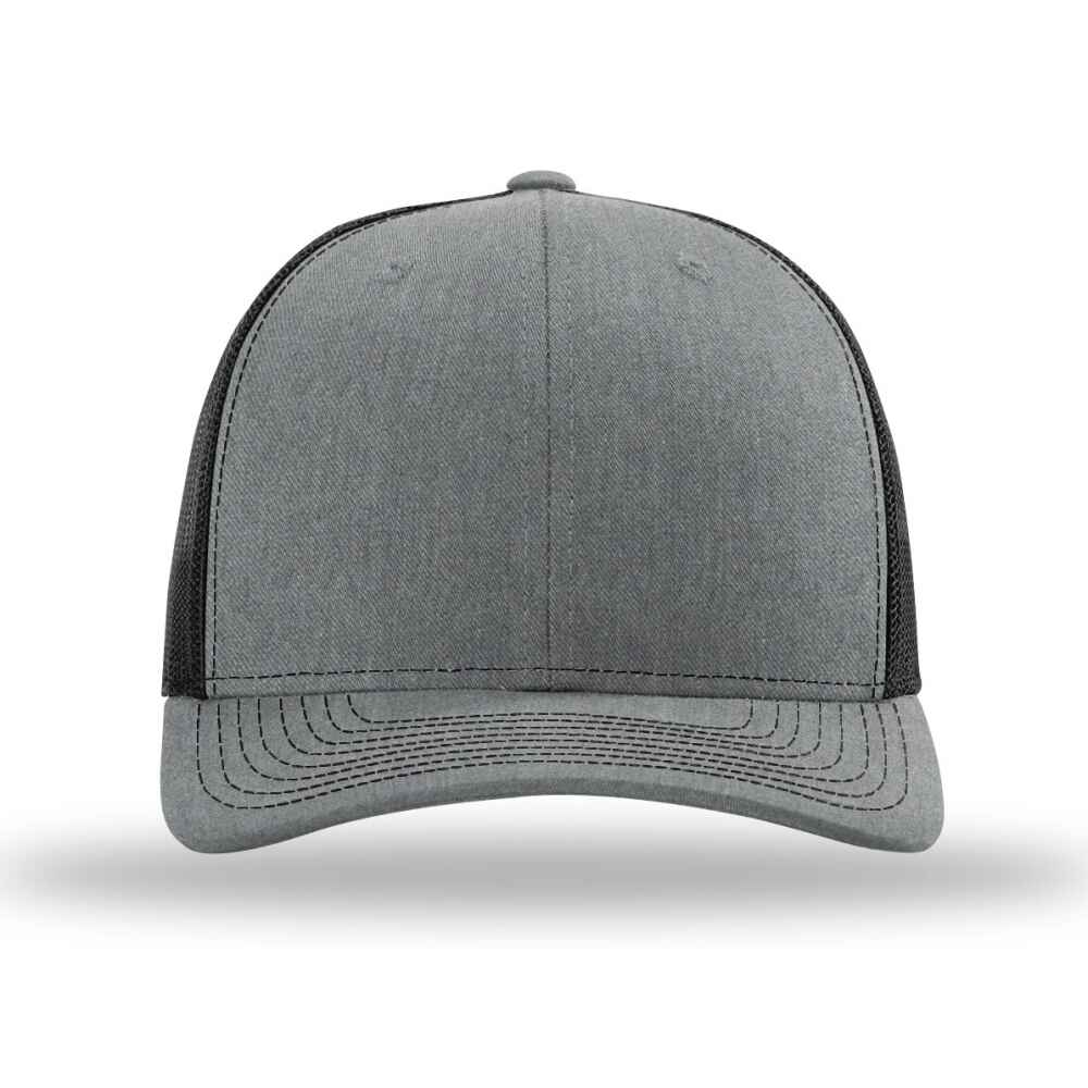 Custom-Heather-Grey-Black-color-112-style-blank-trucker-hat-front-view