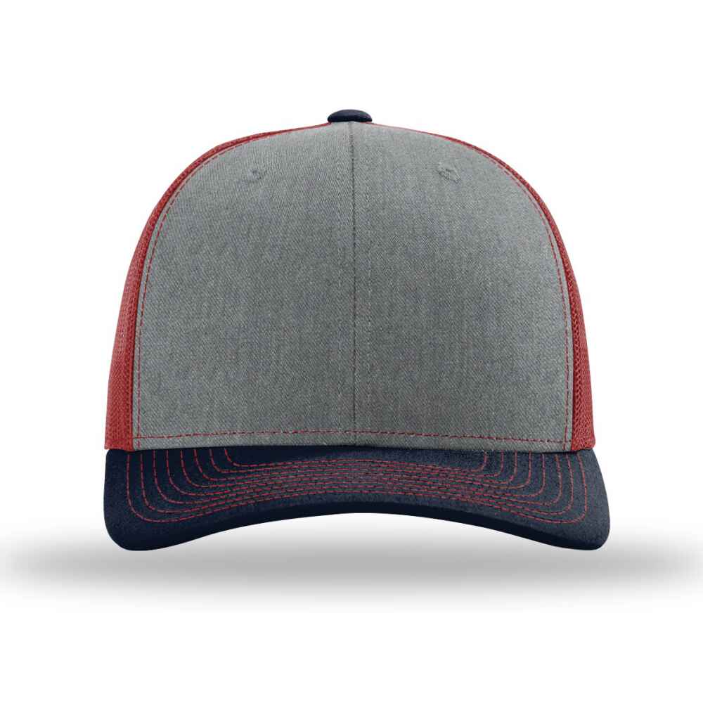 Custom-Heather-Grey-Cardinal-Navy-color-112-style-blank-trucker-hat-front-view