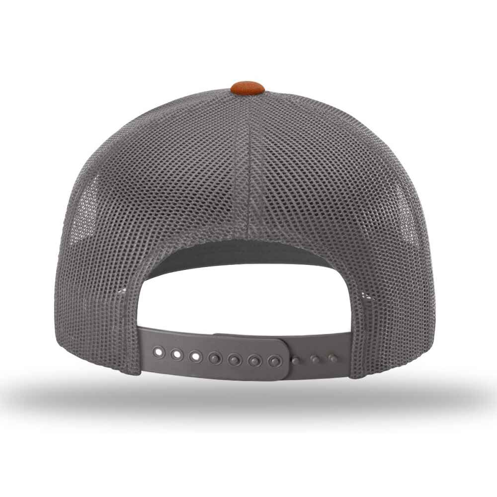 Custom-Heather-Grey-Charcoal-Dark-Orange-color-112-style-blank-trucker-hat-back-view