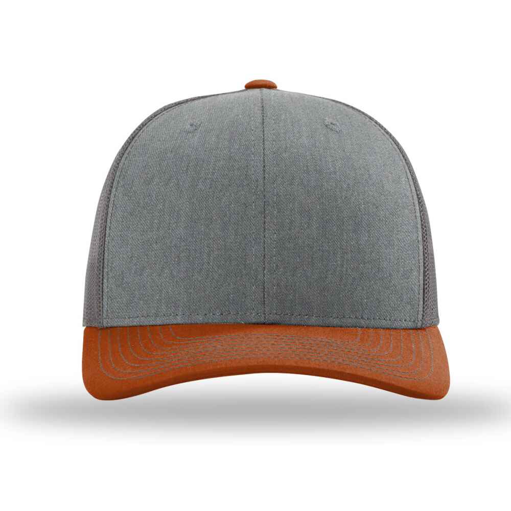 Custom-Heather-Grey-Charcoal-Dark-Orange-color-112-style-blank-trucker-hat-front-view