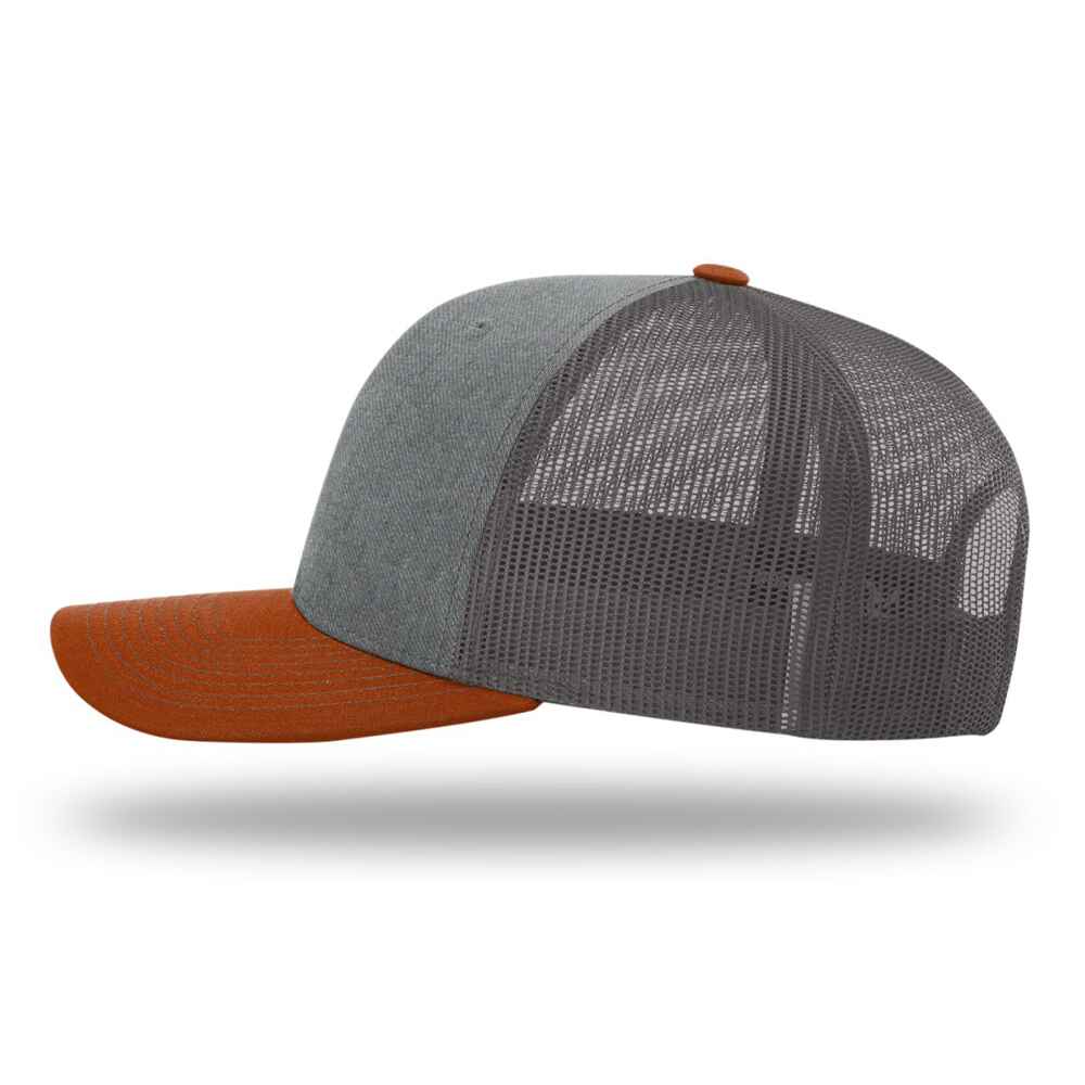 Custom-Heather-Grey-Charcoal-Dark-Orange-color-112-style-blank-trucker-hat-left-view