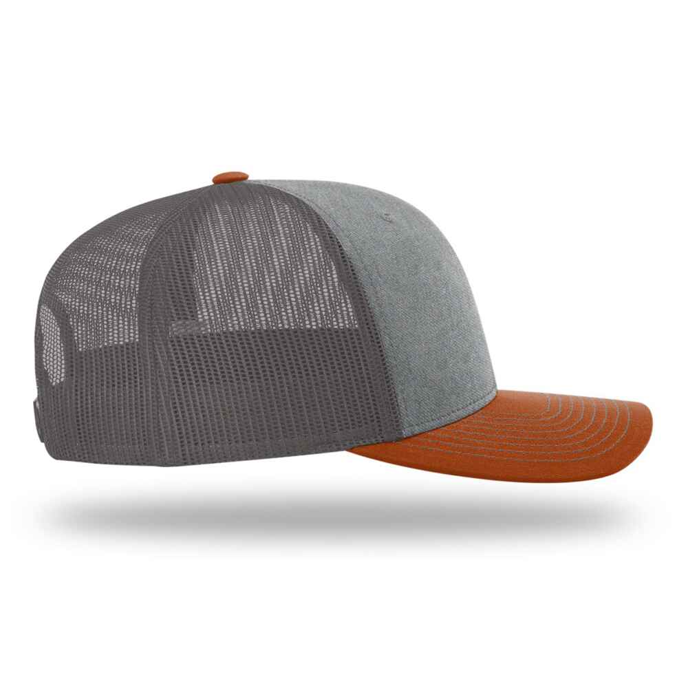 Custom-Heather-Grey-Charcoal-Dark-Orange-color-112-style-blank-trucker-hat-right-view