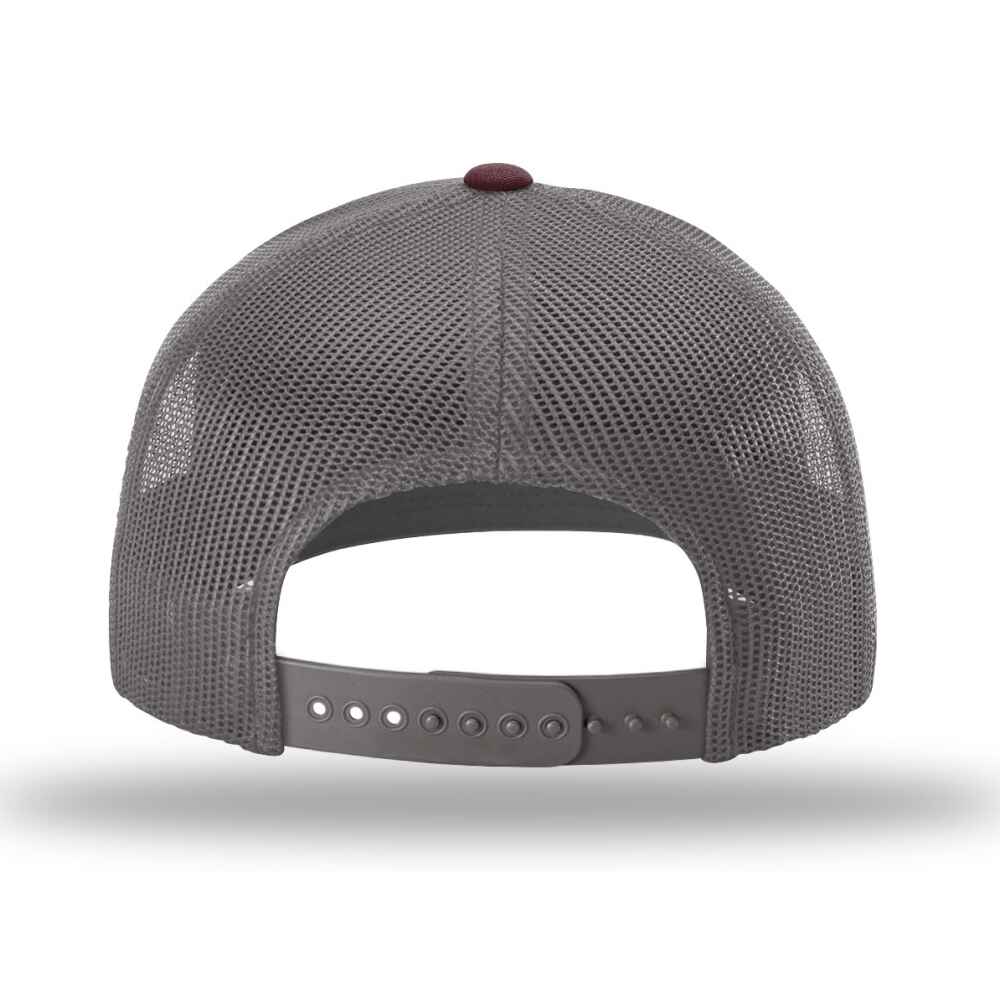 Custom-Heather-Grey-Charcoal-Maroon-color-112-style-blank-trucker-hat-back-view