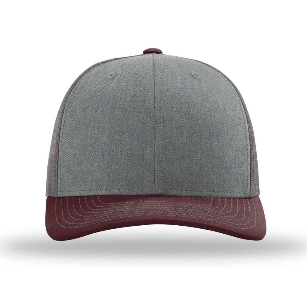 Custom-Heather-Grey-Charcoal-Maroon-color-112-style-blank-trucker-hat-front-view