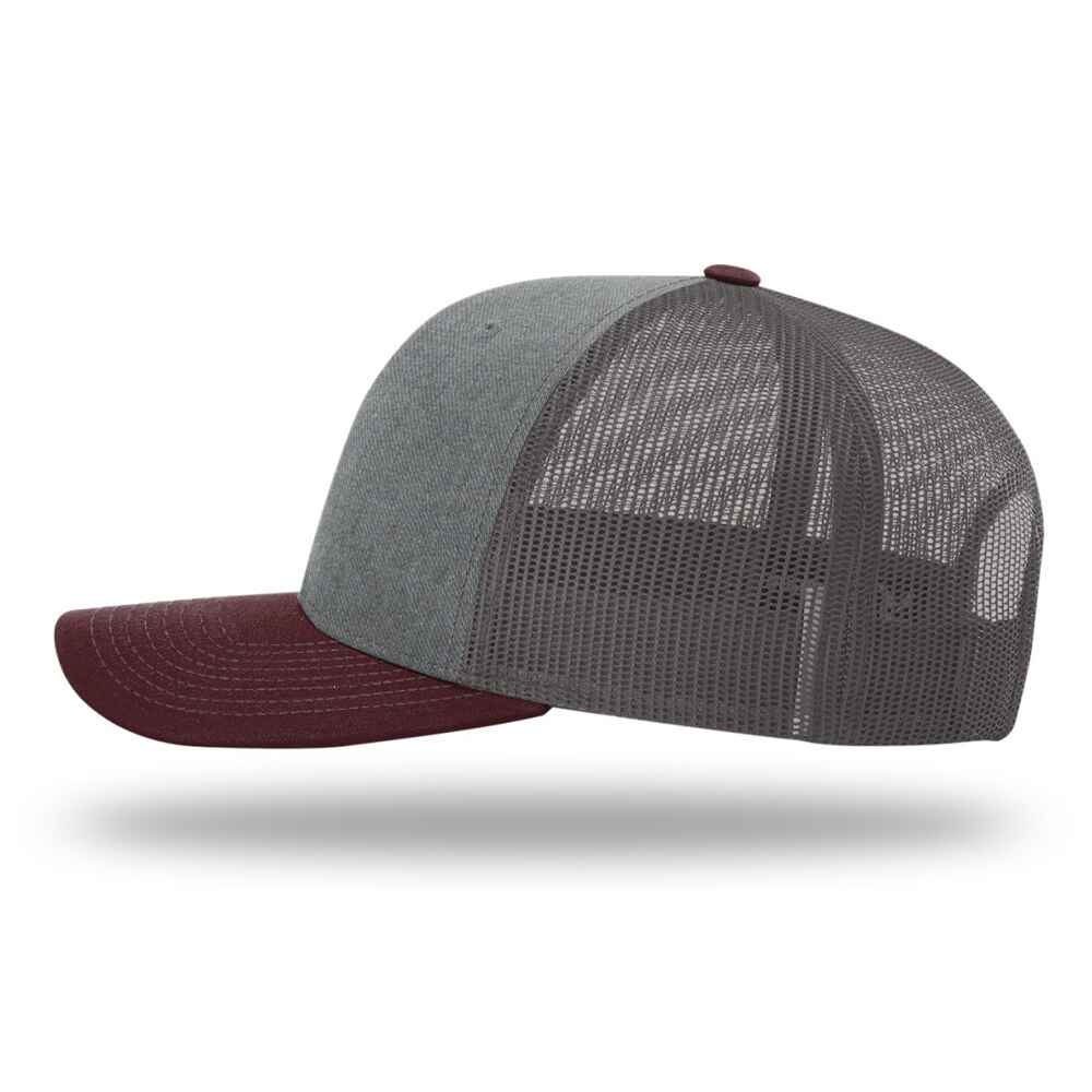 Custom-Heather-Grey-Charcoal-Maroon-color-112-style-blank-trucker-hat-left-view