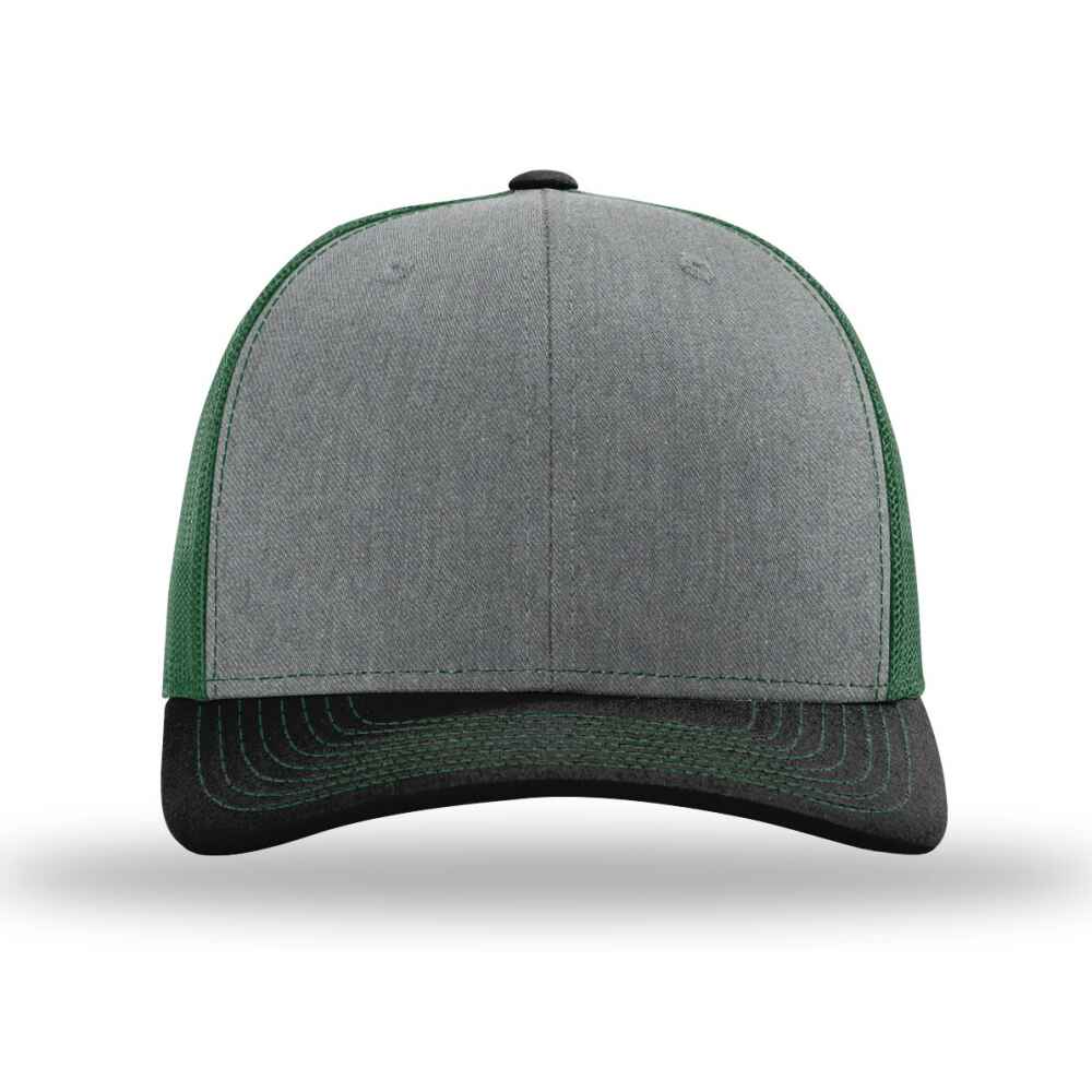 Custom-Heather-Grey-Dark-Green-Black-color-112-style-blank-trucker-hat-front-view