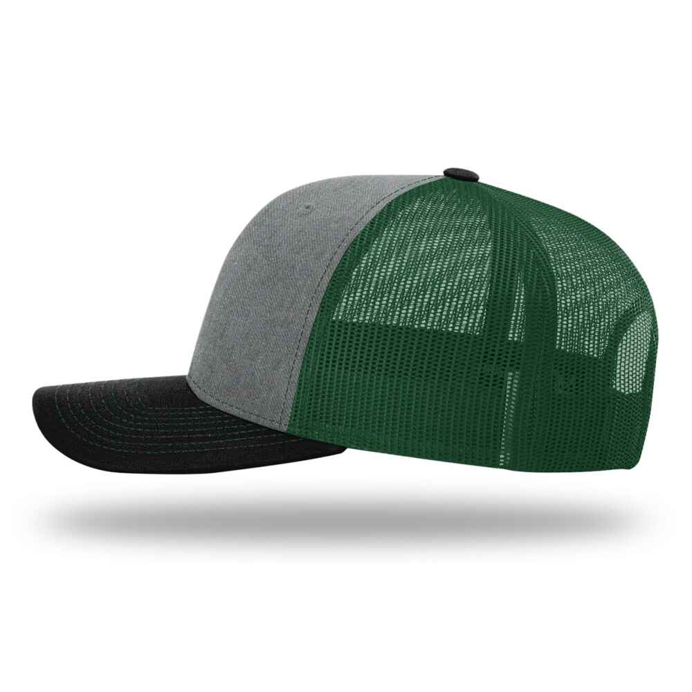 Custom-Heather-Grey-Dark-Green-Black-color-112-style-blank-trucker-hat-left-view