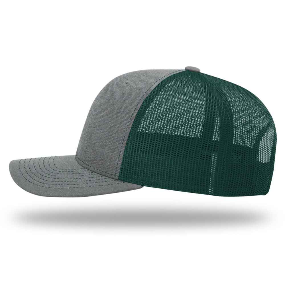 Custom-Heather-Grey-Dark-Green-color-112-style-blank-trucker-hat-left-view