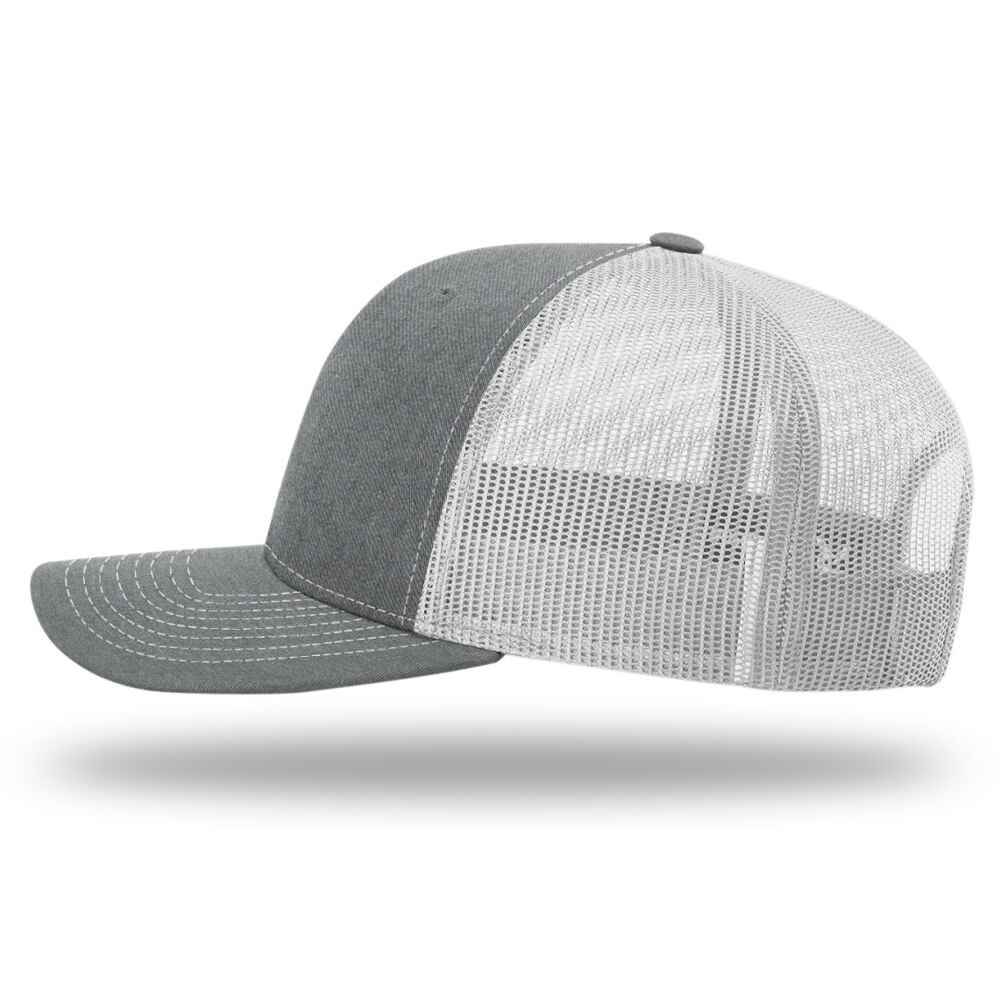 Custom-Heather-Grey-Light-Grey-color-112-style-blank-trucker-hat-Left-view