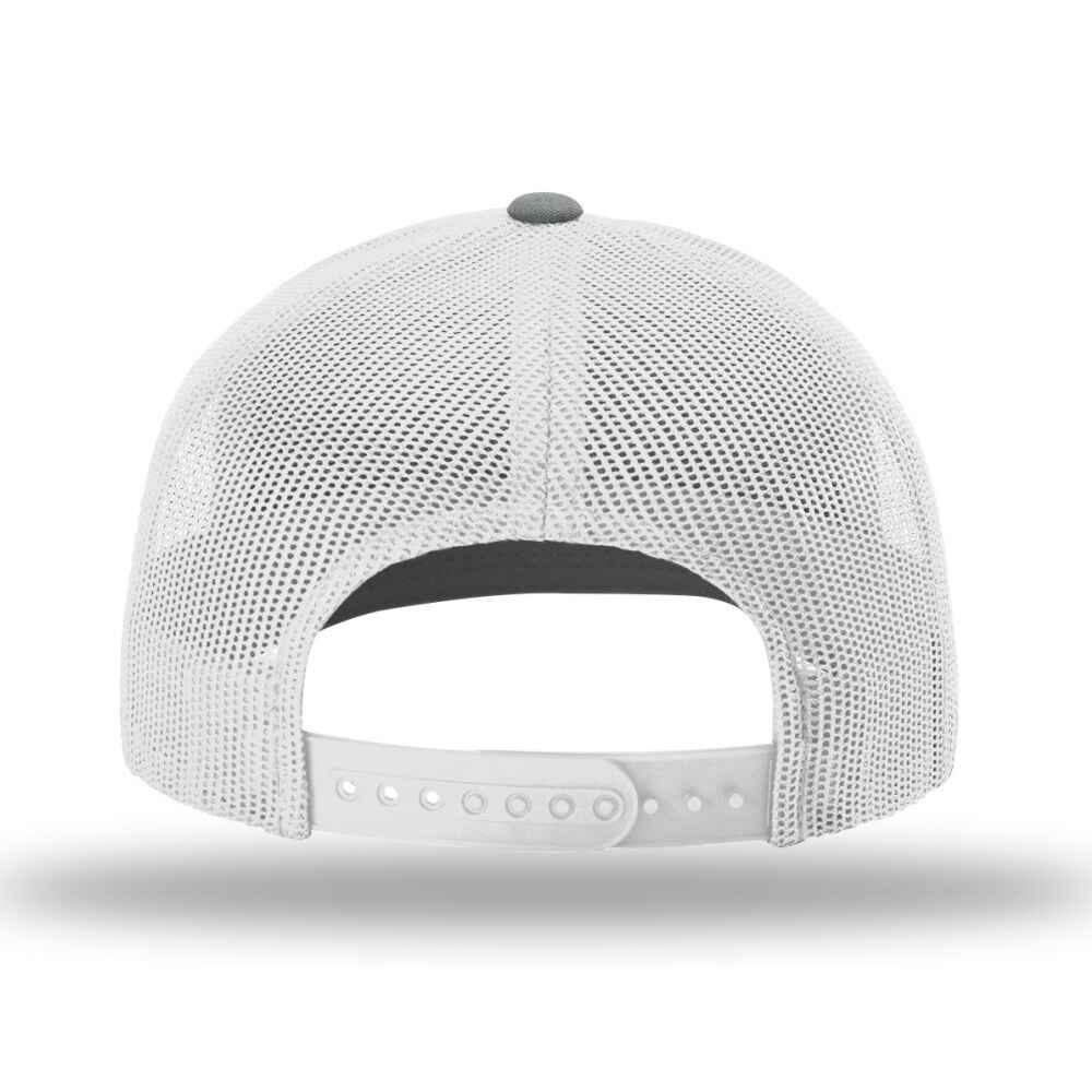 Custom-Heather-Grey-Light-Grey-color-112-style-blank-trucker-hat-back-view