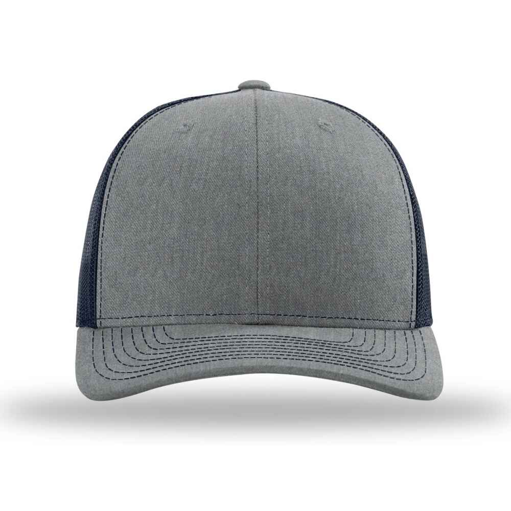 Custom-Heather-Grey-Navy-color-112-style-blank-trucker-hat-front-view