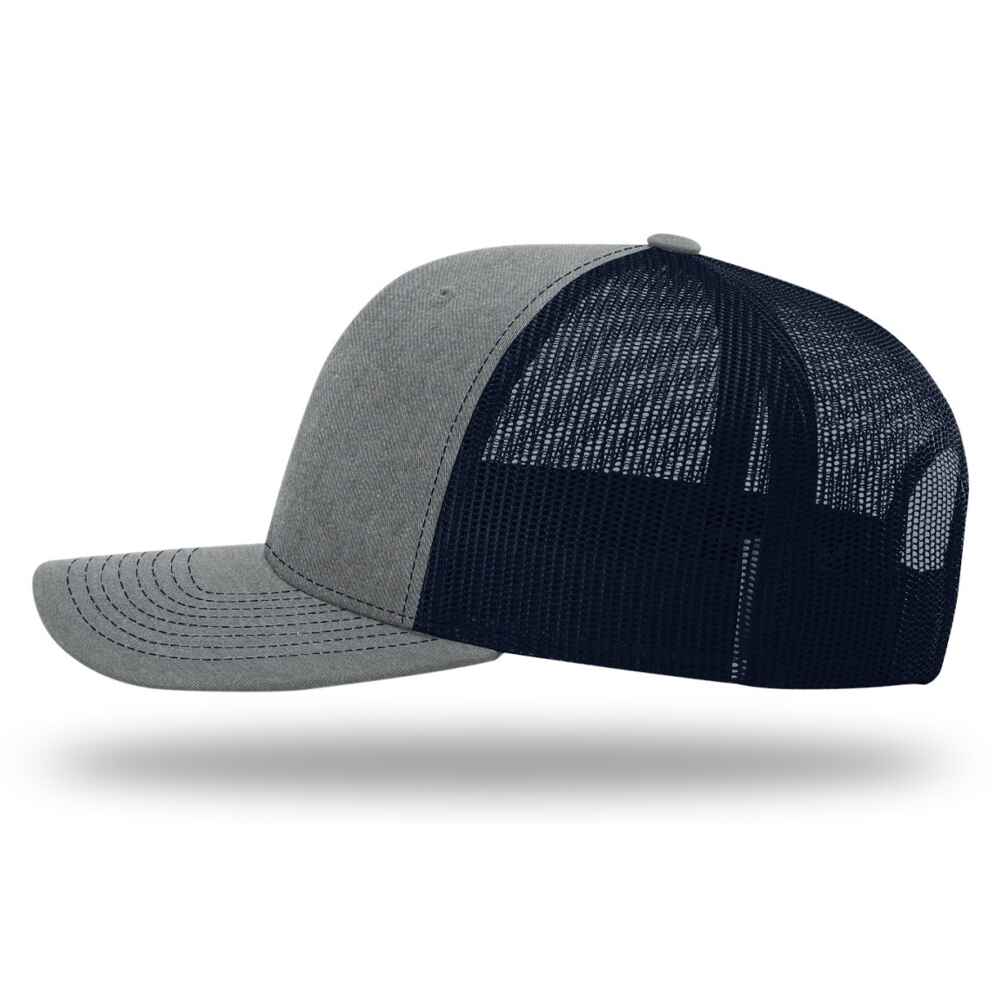 Custom-Heather-Grey-Navy-color-112-style-blank-trucker-hat-left-view