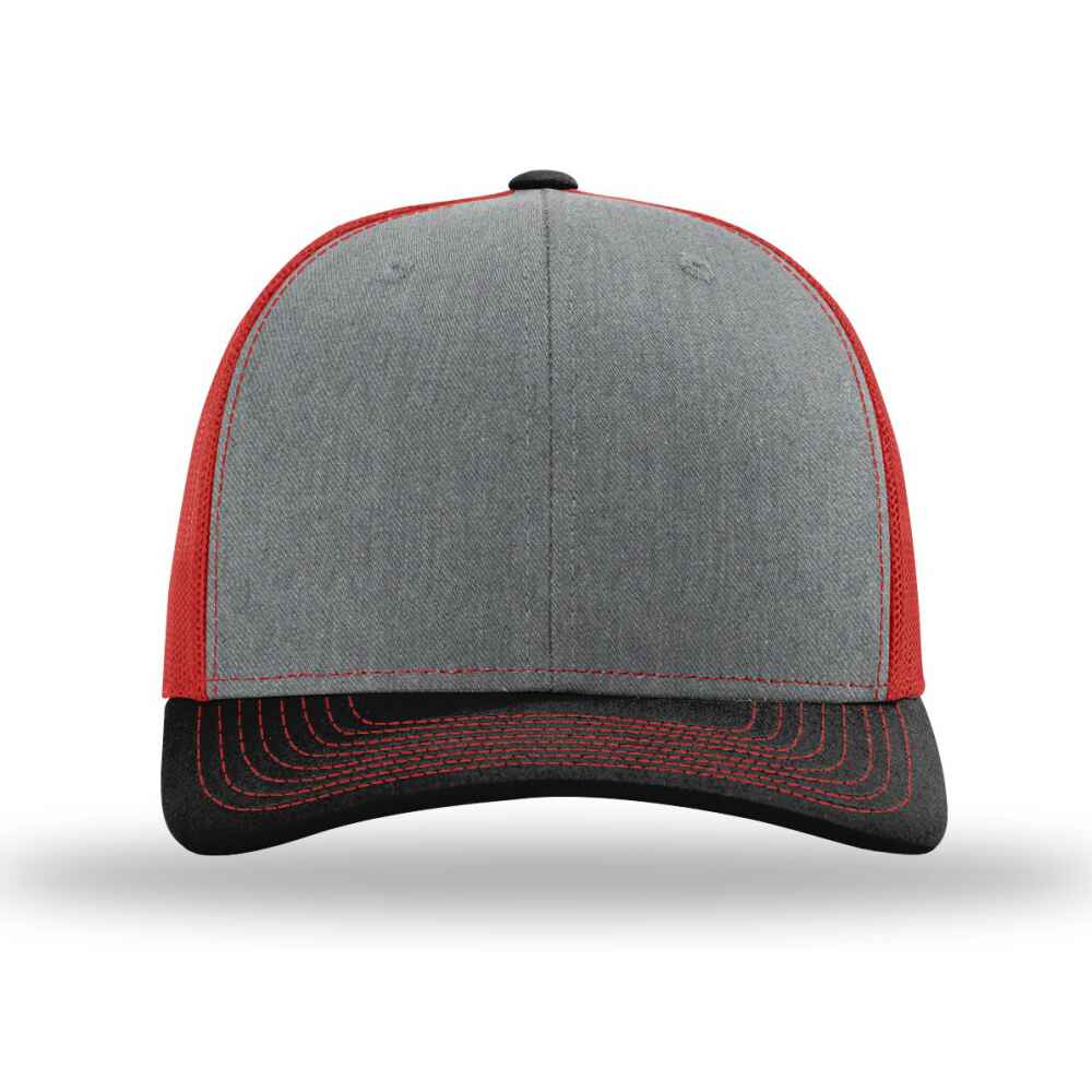 Custom-Heather-Grey-Red-Black-color-112-style-blank-trucker-hat-front-view