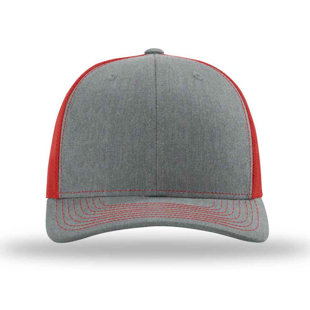 Custom-Heather-Grey-Red-color-112-style-blank-trucker-hat-front-view