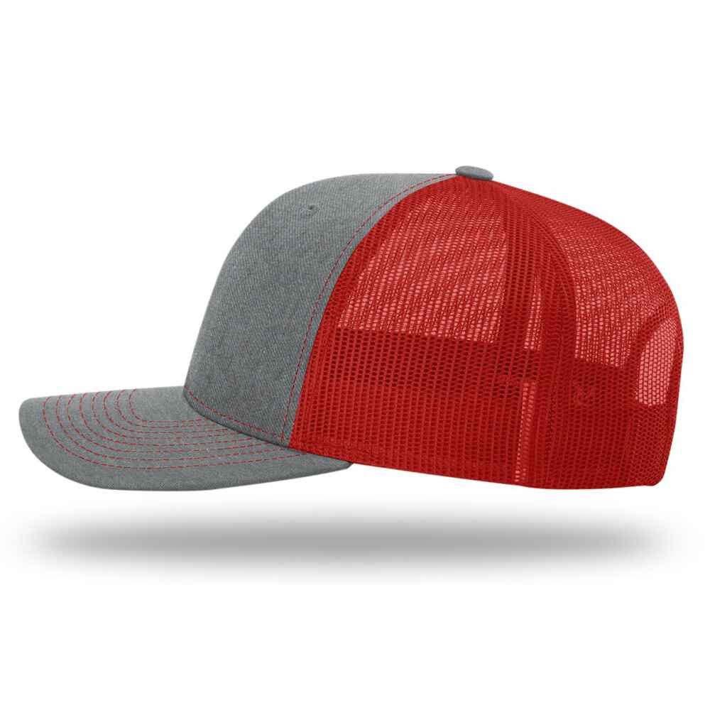 Custom-Heather-Grey-Red-color-112-style-blank-trucker-hat-left-view